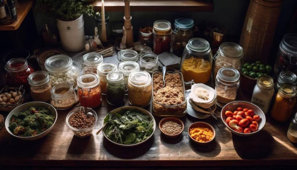 A rustic table displays assorted jars of grains, nuts, and vegetables, alongside bowls of fresh produce and a baked dish.
