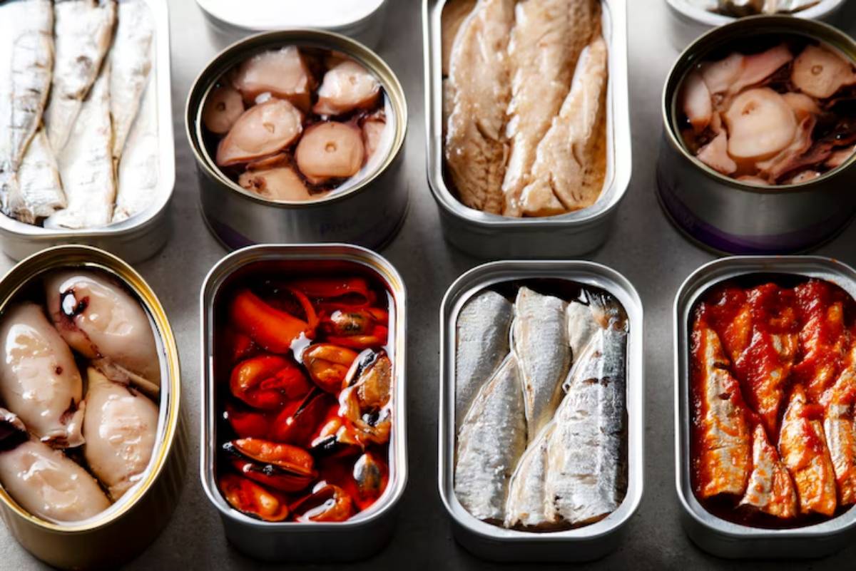 A neatly arranged display of various canned seafood, including sardines, octopus, and mussels in vibrant sauces.