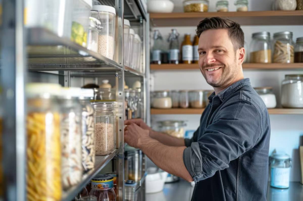 A person organizing ingredients in glass jars on shelves in a modern kitchen with a clean and minimalistic design.