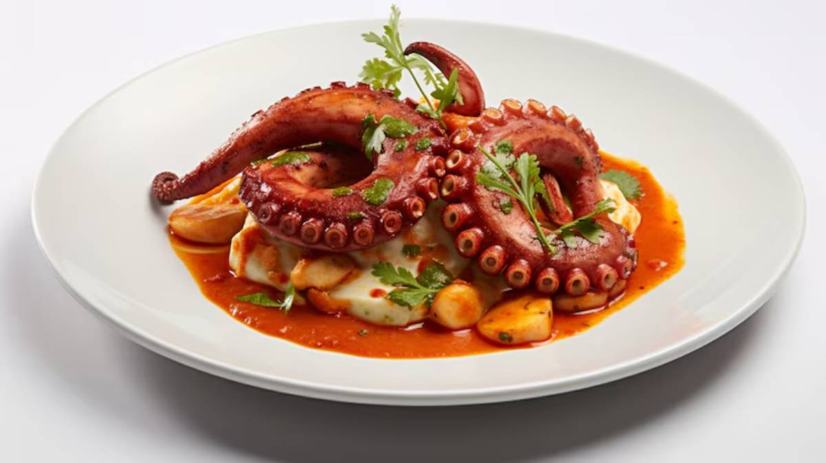 Grilled octopus with a rich tomato sauce, garnished with fresh herbs, served on a bed of creamy mashed potatoes.
