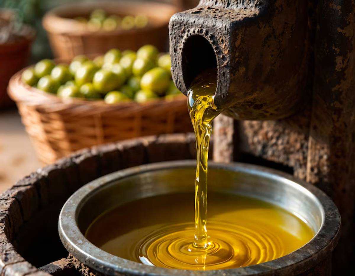 Olive oil pours from a traditional press into a metal bowl, surrounded by fresh olives in woven baskets.